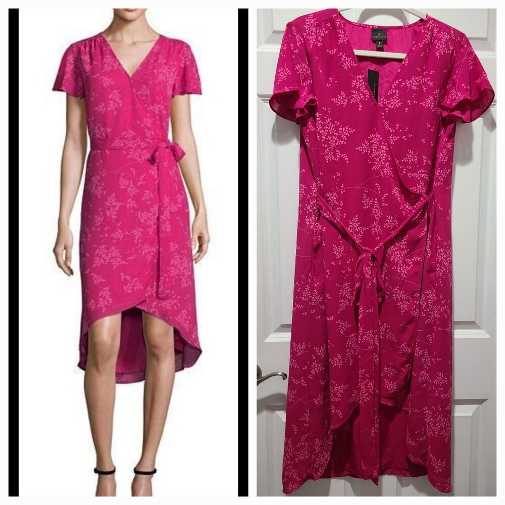 NWT Worthington Brenna Botanical High Low Chiffon Floral Flowy Wrap Dress Pink S